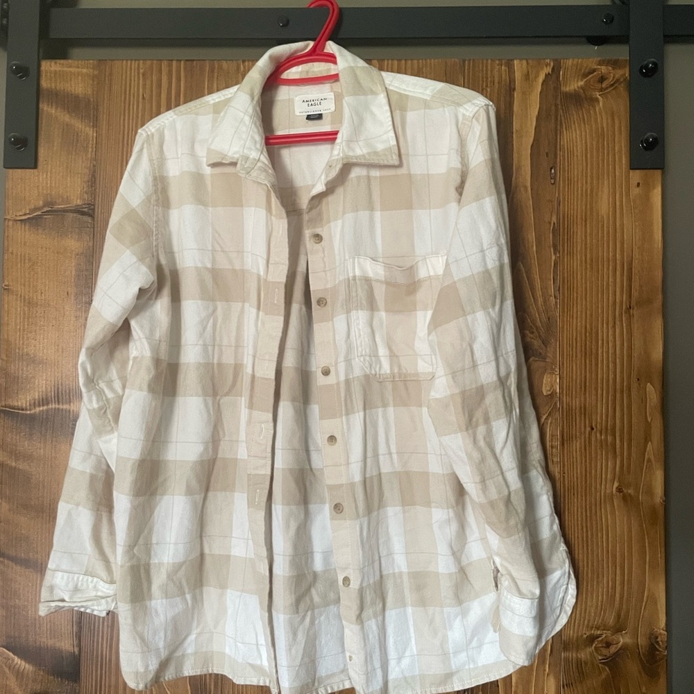 American Eagle Outfitters Beige and White Plaid Button-Down Shirt